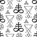 Seamless pattern with occult symbols Leviathan Cross, pentagram, Lucifer sigil and 666 the number of the beast hand drawn black an