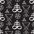 Seamless pattern with occult symbols Leviathan Cross, pentagram, Lucifer sigil and 666 the number of the beast hand drawn black an