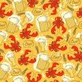 Seamless pattern for Octoberfest with crab, beer and bubbles. Royalty Free Stock Photo