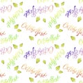 Seamless pattern Octoberfest handwritten watercolor lettering and green hop on white background. Royalty Free Stock Photo