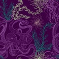 Seamless pattern with octopus, jellyfish, marine plants and seaweed. Vintage hand drawn vector illustration marine life