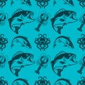 Seamless pattern with octopus, salmon fish, lobster and bass fish