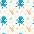 Seamless pattern with octopus and seashells, seaweed. Graphic illustration. Pattern with a cute octopus with a smile