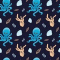 Seamless pattern with octopus and seashells. seaweed. Graphic illustration. Pattern with a cute octopus with a smile