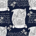 Seamless pattern with old castle tower, banner, roses and handwritten text over blue.