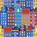 Seamless pattern with old european houses of amsterdam or great britain, color vector stock graphic with repeating pattern and