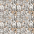 seamless pattern with old hand drawn houses in retro style