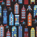 Seamless pattern with old houses of amsterdam or europe isolated on black background for printing on fabric or textile, flat