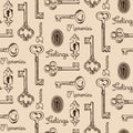 Seamless pattern of the old keys and keyholes