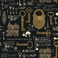 Seamless pattern with old keys, padlock and houses Royalty Free Stock Photo