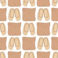 Seamless pattern with Old Russian bast shoes and birch-bark baskets