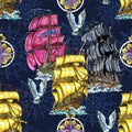 Seamless pattern with old sailing ship, decorated compass, flying gull on blue