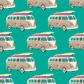 Seamless pattern with old van with surfboard. Retro pattern