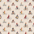Seamless pattern with old and young people riding bikes or bicyclists. Backdrop with men and women on bicycles. Vector Royalty Free Stock Photo