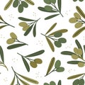 Seamless pattern with olive branches. Botanical illustration of green plant sprigs with fruits. Flat cartoon design Royalty Free Stock Photo