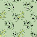 Seamless pattern with olive branches on a green background. Retro decorative texture background for textiles, paper, labels. Vecto Royalty Free Stock Photo