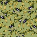 Seamless pattern with olive tree branch and leaves. Vivid print with beautiful botanical illustration. Repeated