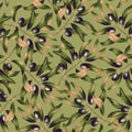 Seamless pattern with olive tree branch and leaves. Vivid print with beautiful botanical illustration. Repeated