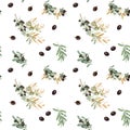Seamless pattern of olive tree branches with black ripe olives and golden leaves Royalty Free Stock Photo