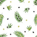 Seamless pattern of olive tree twigs and leaves and olive berries. Vector illustration, background or wallpaper. Royalty Free Stock Photo