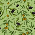 Seamless pattern with olives. Vector branches, leaves, black and green olives on green background. Royalty Free Stock Photo