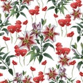 Seamless pattern from Olympic lilies and poppies. White background.