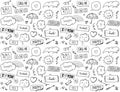 Seamless pattern with omic style elements and speech bubbles, doodle style hand drawn vector illustration Royalty Free Stock Photo