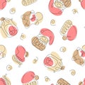 Seamless pattern from one line art Christmas elements. Christmas lantern, gingerbread man, gnome, Christmas hat and stocking. Royalty Free Stock Photo