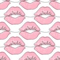 Seamless pattern with one line lips isolated on white.