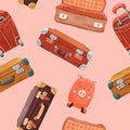 Seamless pattern of open and close Stylish brown retro suitcase, child luggage . Old vintage leather briefcase baggage. Pink Royalty Free Stock Photo