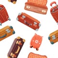 Seamless pattern of open and close Stylish brown retro suitcase, child luggage . Old vintage leather briefcase baggage. Travel Royalty Free Stock Photo