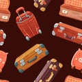 Seamless pattern of open and close Stylish brown retro suitcase, child luggage . Old vintage leather briefcase baggage. Travel Royalty Free Stock Photo