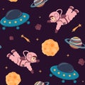 Seamless pattern of open space with cute astronaut, moon, shooting stars, spaceships, planets with rings in cartoon style