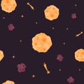 Seamless pattern of open space with the moon, shooting stars, meteorites. Space travel. Cosmic children\'s background. Vector