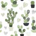 Seamless pattern with opuntia cactuses in pots and hearts. Green plants with hand drawn textures. Print for fabric and textile