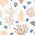 Seamless pattern with orange and blue corals, seaweed and bubbles on white background. Backdrop with exotic underwater Royalty Free Stock Photo
