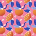 Seamless pattern with orange branches, leaves and flowers on a pink background