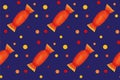 Seamless pattern with orange candies with dots on dark board. Halloween illustration. Trendy hand drawn design for