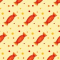 Seamless pattern with orange candies with dots on yellow board. Halloween illustration. Trendy hand drawn design