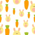 Seamless pattern with orange carrots and yellow easter rabbits. Simple flat cartoon style. Cute and funny. Easter holiday decorati