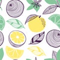 Seamless pattern of citrus. Fruit, leaf, slice, flower of orange, lime, lemon. Vector hand drawn illustration set in modern trendy