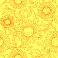 seamless pattern of orange contours of flowers on a yellow background Royalty Free Stock Photo