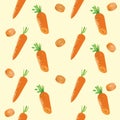 Seamless pattern of orange fresh carrots. Vector illustration isolated on a yellow background. Royalty Free Stock Photo