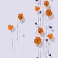 Seamless pattern of orange and gray flowers on a light violet background. Watercolor