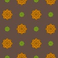 Seamless pattern with orange and green ethnic rosettes on a brown background