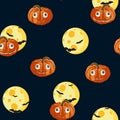 Seamless pattern with orange Halloween pumpkins carved faces, moon and bat on black background. Royalty Free Stock Photo