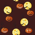 Seamless pattern with orange Halloween pumpkins carved faces, spider, moon and bat on dark red background. Royalty Free Stock Photo