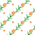 Seamless pattern of orange lilies of different size with green leaves intertwined on a white background.