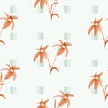 Seamless pattern of orange lily flowers on a light green background with green squares. Watercolor Royalty Free Stock Photo