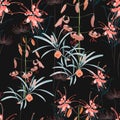 Seamless pattern, orange lily flowers and protea flowers with blue leaves on black background Royalty Free Stock Photo